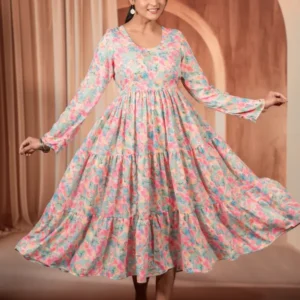 Firozi Floral Soft Silk Flared Single Piece Frock For Women