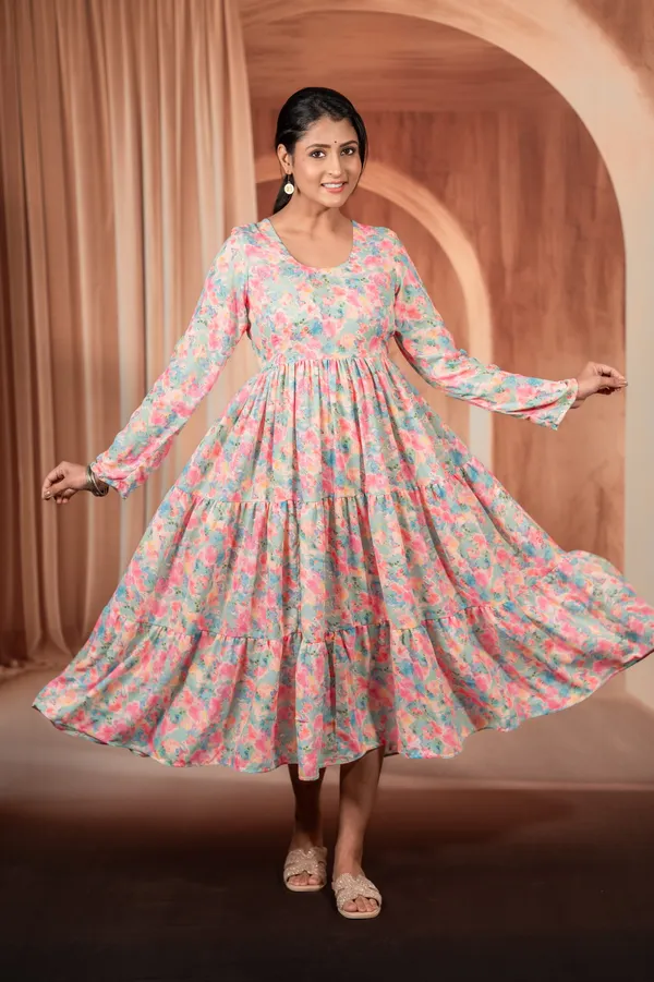Firozi Floral Soft Silk Flared Single Piece Frock For Women