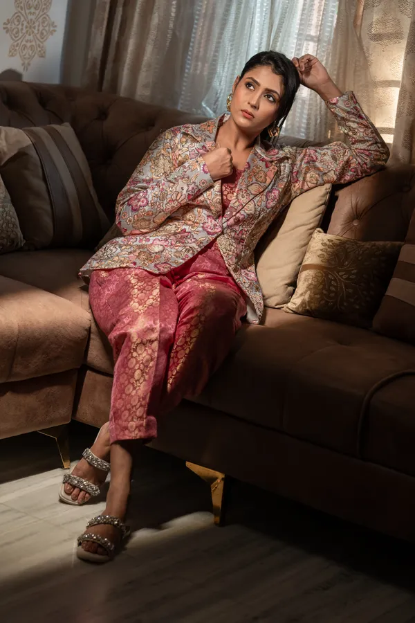 Rich Purple Brocade Blazer Set For Women