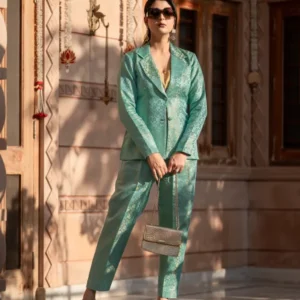 Turquoise Brocade Blazer Set For Women