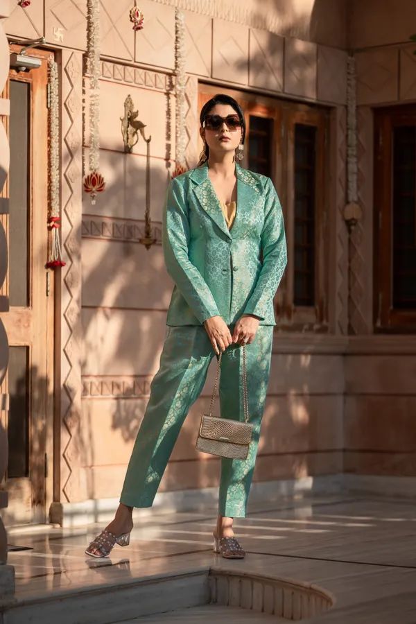 Turquoise Brocade Blazer Set For Women