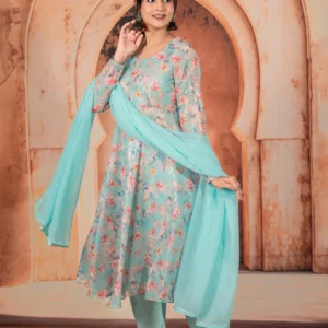Firozi Garden Umbrella Frock With Pants And Dupatta For Women