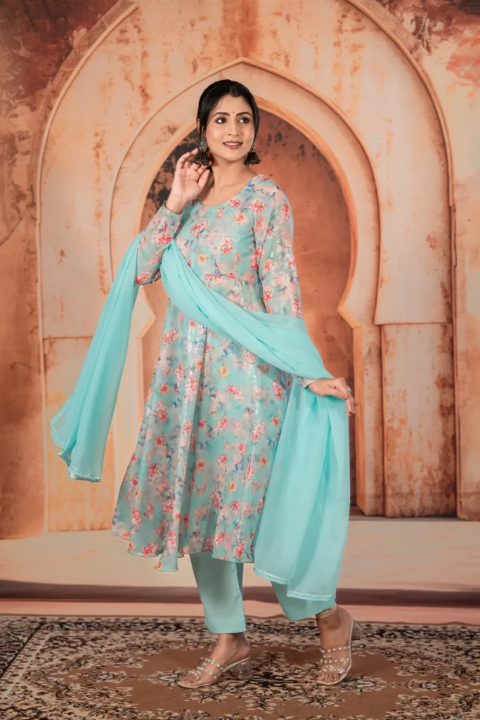 Firozi Garden Umbrella Frock With Pants And Dupatta For Women