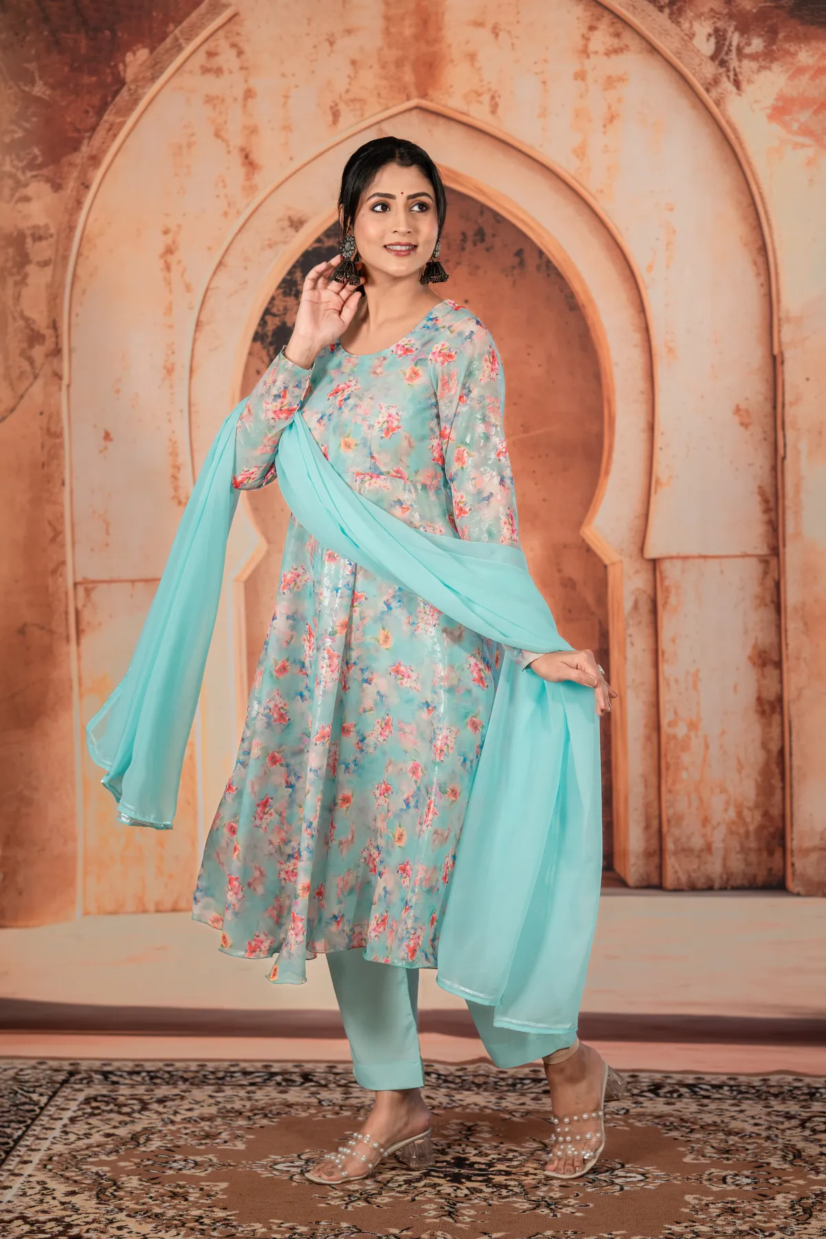 Firozi Garden Umbrella Frock With Pants And Dupatta For Women