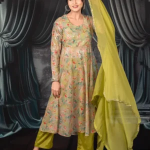 Mehndi Green Floral Umbrella Frock With Pants And Dupatta For Women