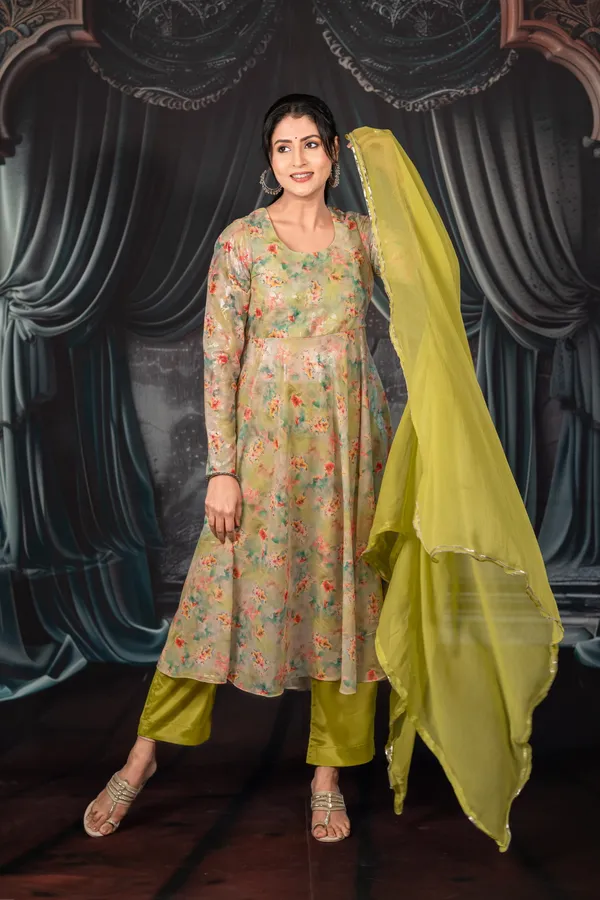 Mehndi Green Floral Umbrella Frock With Pants And Dupatta For Women