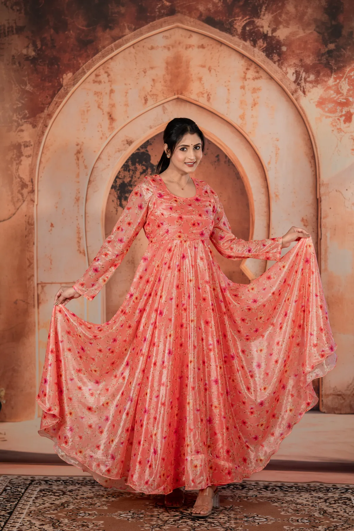 Soft Chiffon Peach Double Umbrella Gown For Women