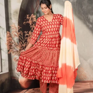 Red Printed Flared Frock Set For Women