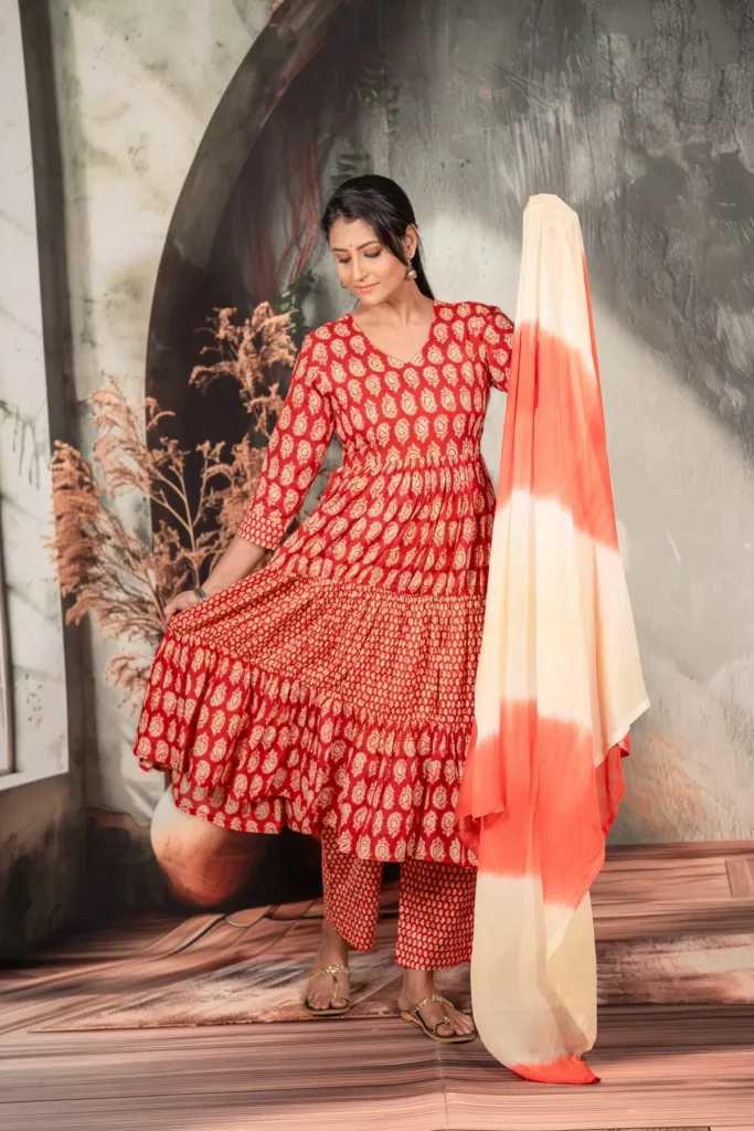 Red Printed Flared Frock Set For Women