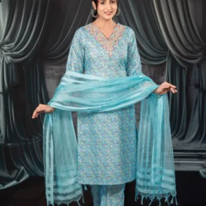 Chic Turquoise Cotton Coord Set With Subtle Sequins And Neck Detailing For Women