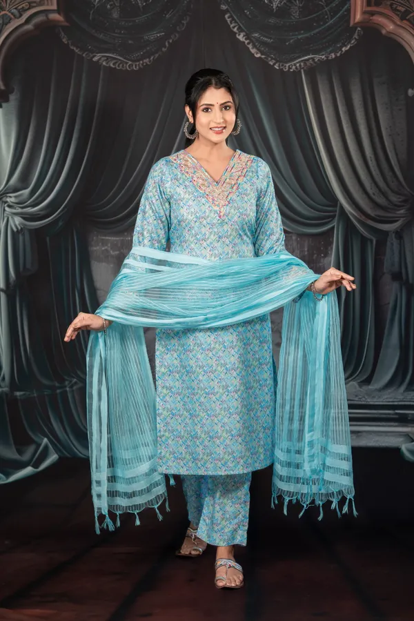 Chic Turquoise Cotton Coord Set With Subtle Sequins And Neck Detailing For Women
