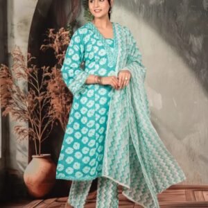 Dark Turquoise Cotton Kurta Set With Neck Detailing For Women