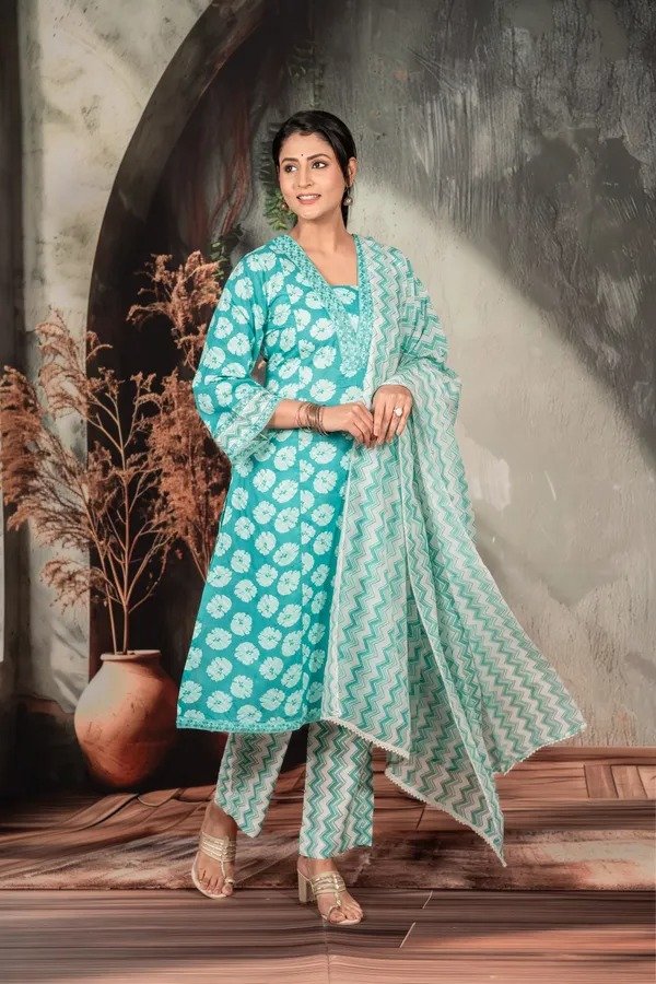 Dark Turquoise Cotton Kurta Set With Neck Detailing For Women