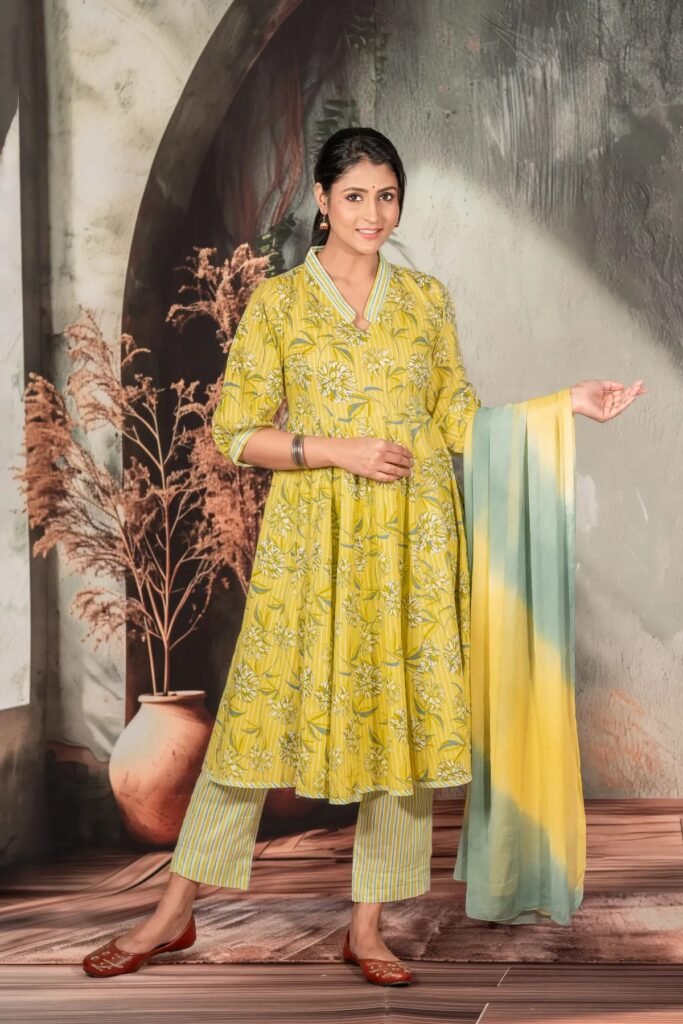 Pastel Yellow Floral Anarkali Suit For Women