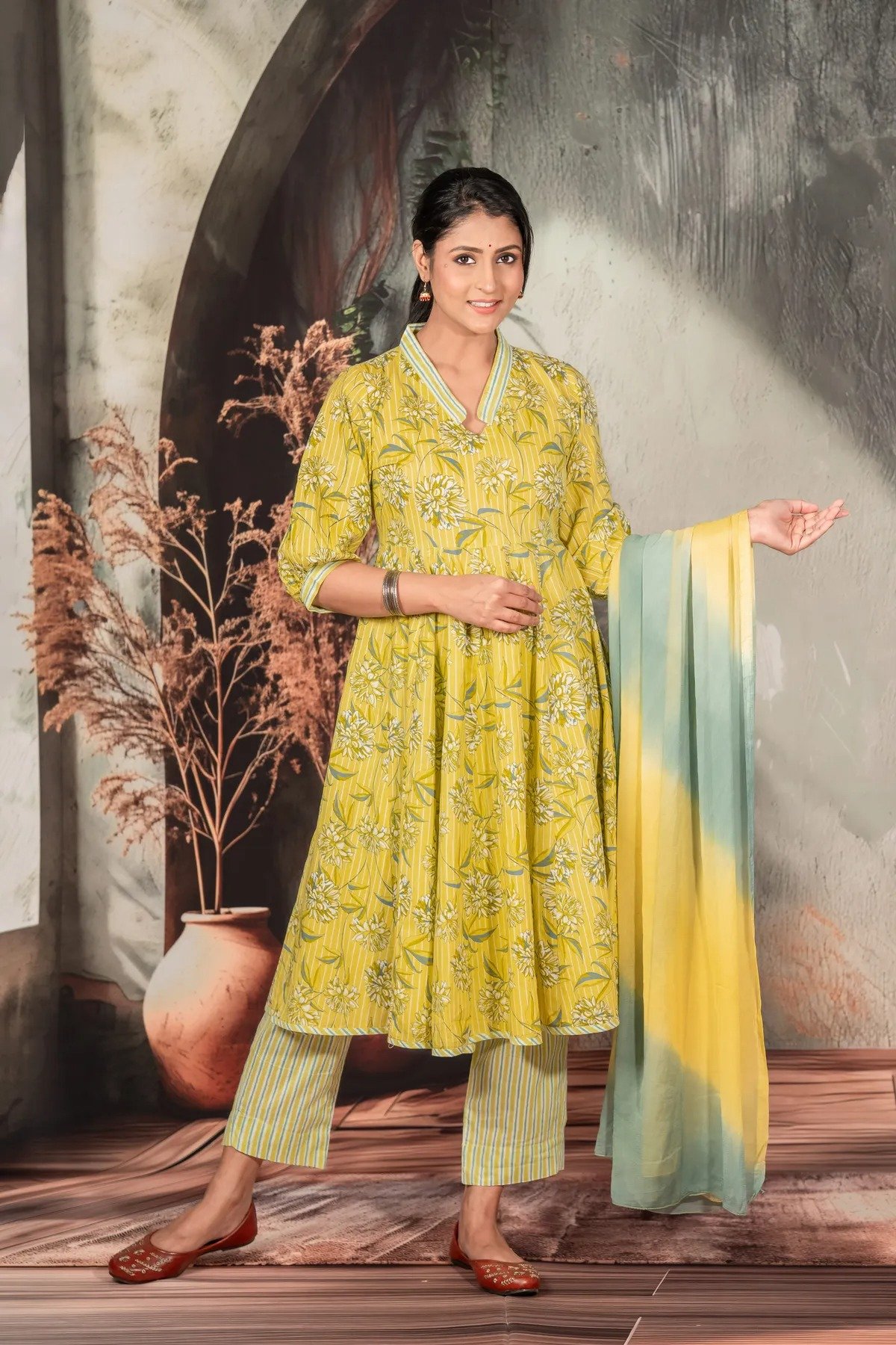 Pastel Yellow Floral Anarkali Suit For Women