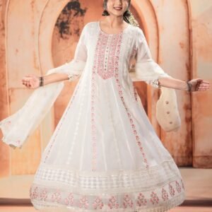 Off White Chickankari Anarkali Set For Women