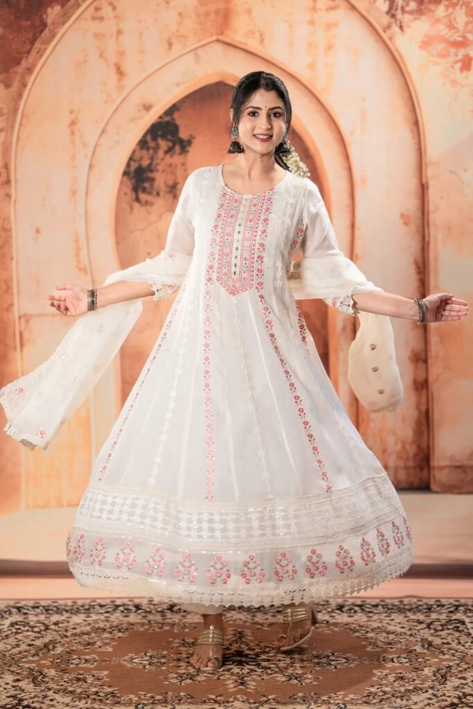 Off White Chickankari Anarkali Set For Women