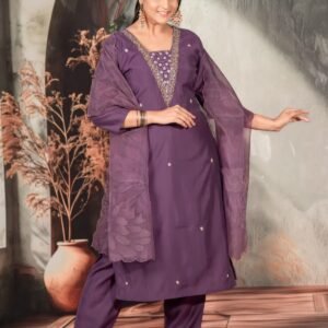 Wine Purple Straight Suit With Handwork For Women
