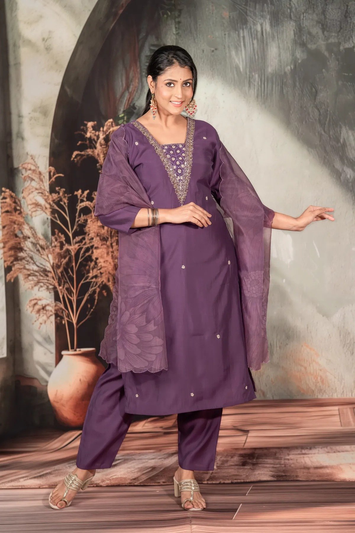 Wine Purple Straight Suit With Handwork For Women