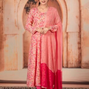 Pink Floral Soft Silk Umbrella Cut Frock Set With Leggings And Dupatta For Women