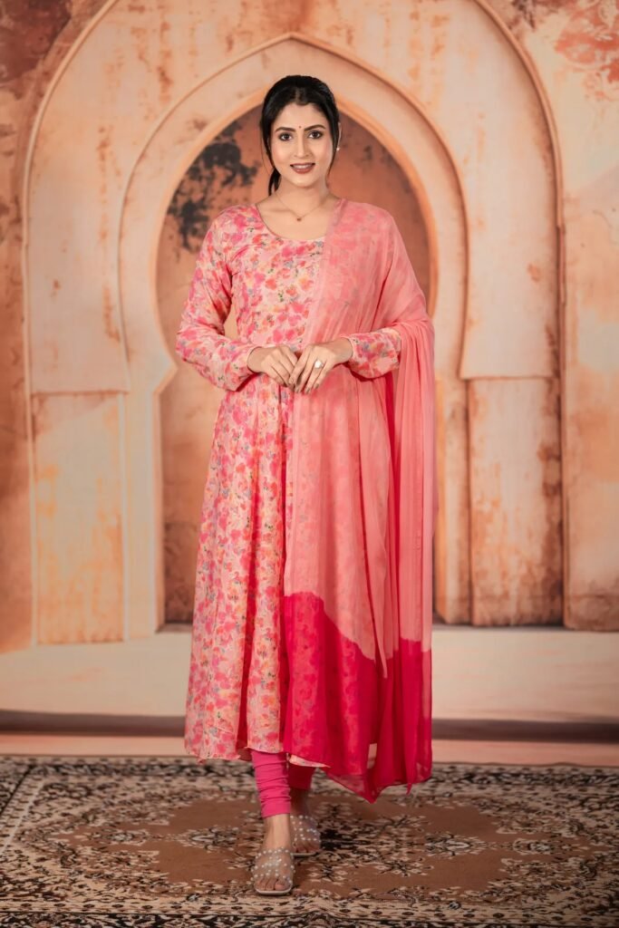 Pink Floral Soft Silk Umbrella Cut Frock Set With Leggings And Dupatta For Women