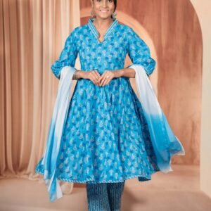 Sea Blue Floral Anarkali Suit For Women