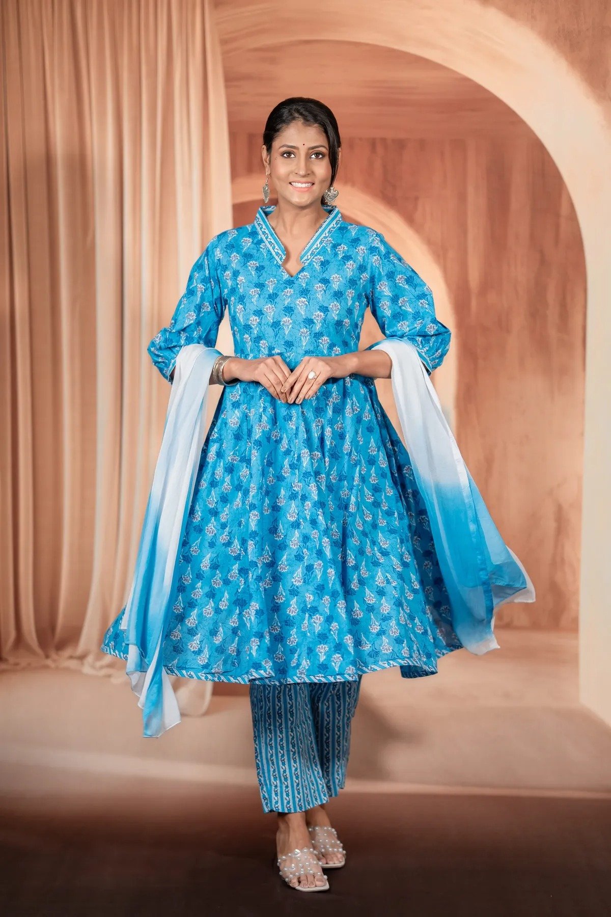 Sea Blue Floral Anarkali Suit For Women