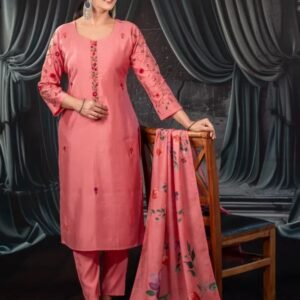 Pastel Peach Straight Suit With Kantha Handwork For Women