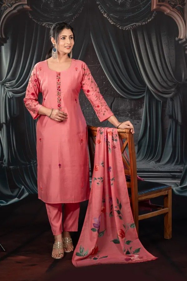 Pastel Peach Straight Suit With Kantha Handwork For Women