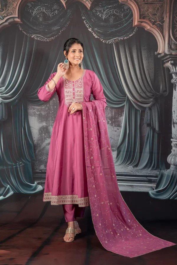 Purple Anarkali Set With Embroidery For Women