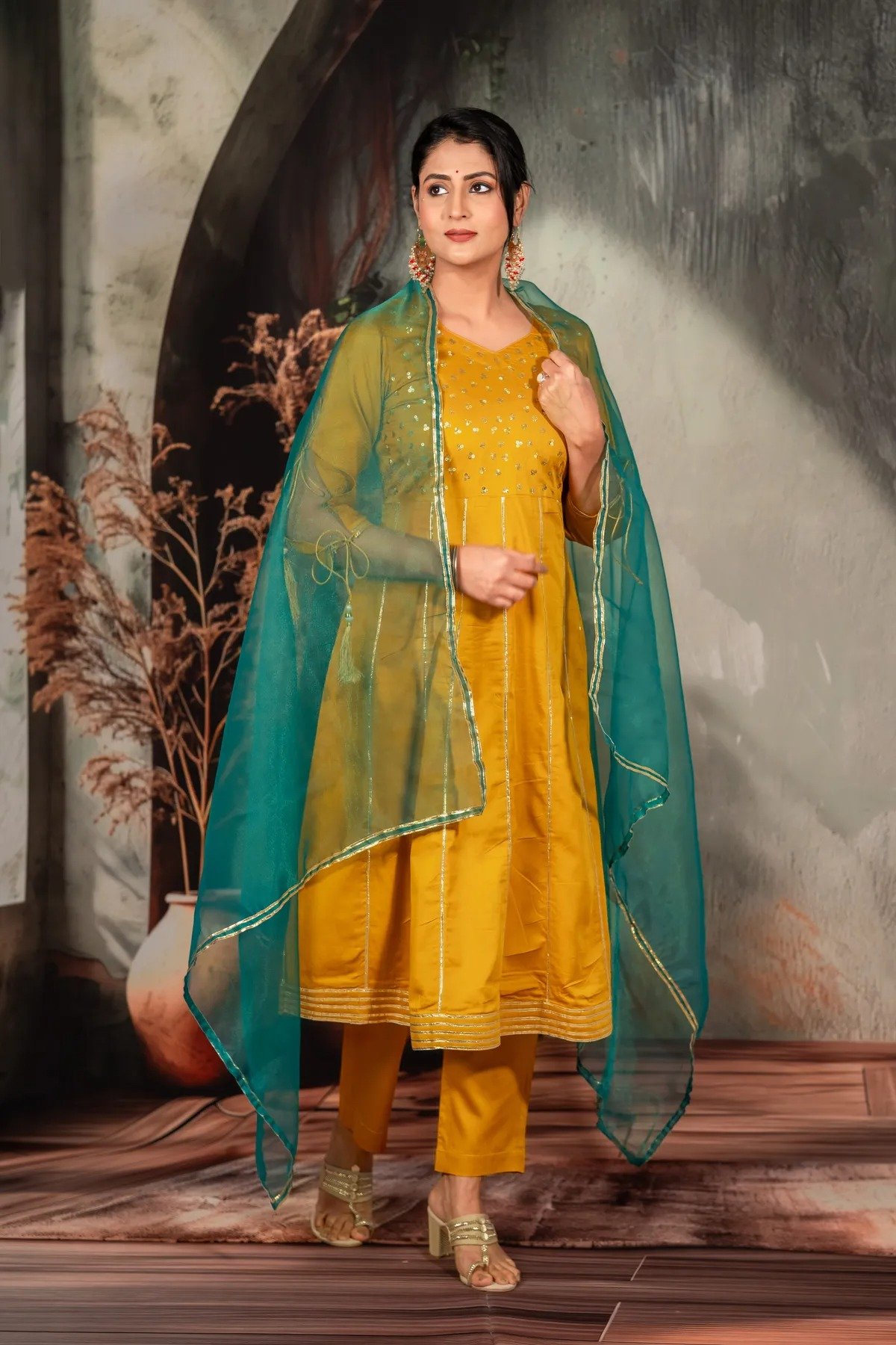 Golden Anarkali With Sequins And Gota Accents For Women