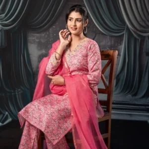 Chic Pink Cotton Coord Set With Subtle Sequins And Neck Detailing For Women