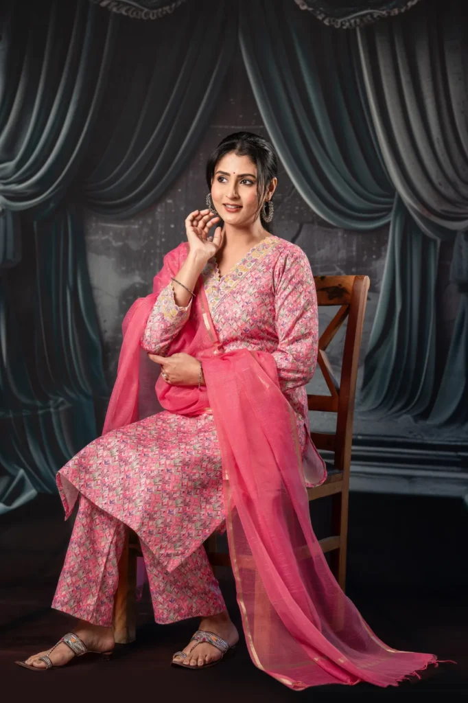 Chic Pink Cotton Coord Set With Subtle Sequins And Neck Detailing For Women