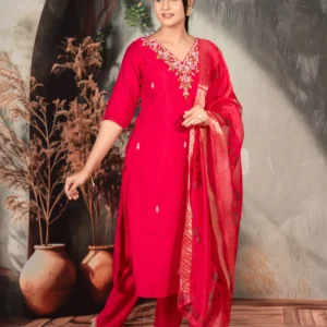Hot Pink Straight Suit With Organza Dupatta For Women