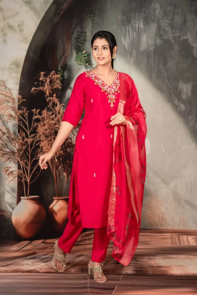 Hot Pink Straight Suit With Organza Dupatta For Women