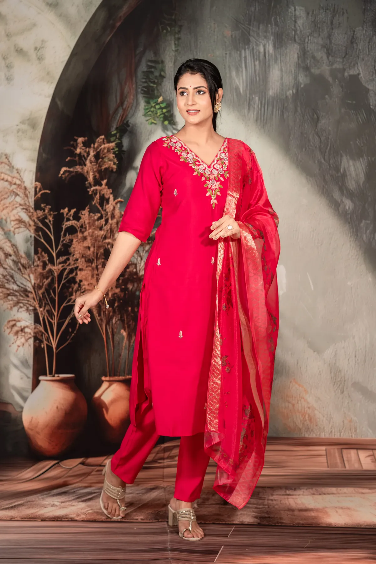 Hot Pink Straight Suit With Organza Dupatta For Women