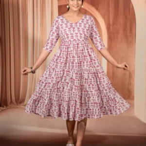 Purple White Flared Single Piece Frock For Women