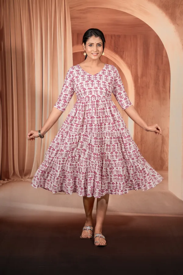 Purple White Flared Single Piece Frock For Women