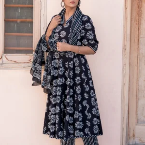 Black Midnight Blossom Anarkali Set For Women