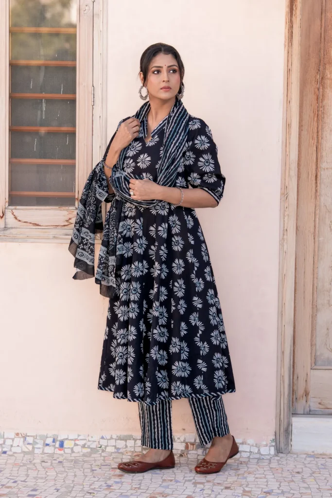 Black Midnight Blossom Anarkali Set For Women
