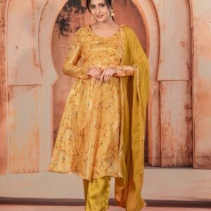 Warm Beige Chiffon Umbrella Frock With Mustard Yellow Pants And Dupatta For Women Less