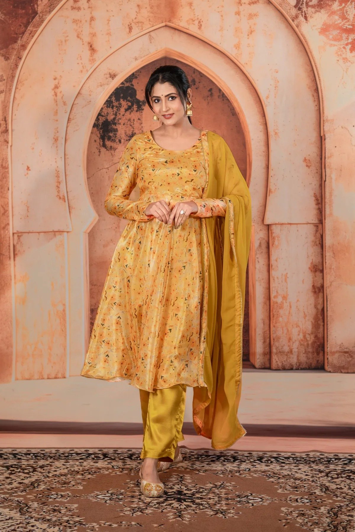 Warm Beige Chiffon Umbrella Frock With Mustard Yellow Pants And Dupatta For Women Less
