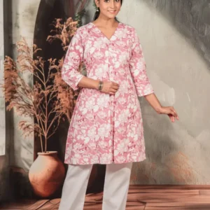 Pastel Pink Floral Coord Set With White Pants For Women