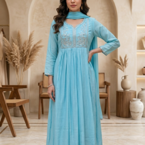 Sky Blue Cutdana Embroidered Anarkali Suit Set with Dupatta