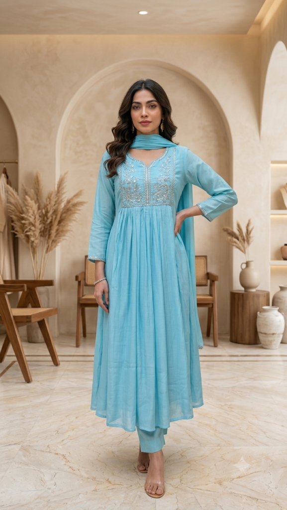 Sky Blue Cutdana Embroidered Anarkali Suit Set with Dupatta