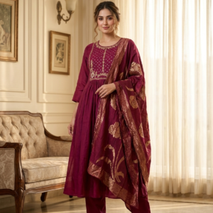 Royal Wine Embroidered Anarkali Suit Set