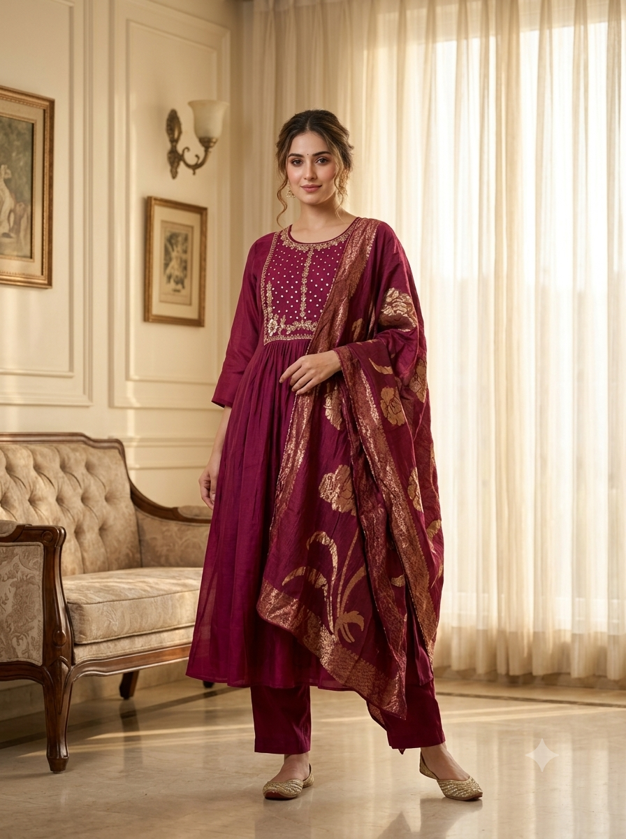 Royal Wine Embroidered Anarkali Suit Set