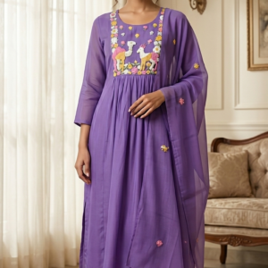 Royal Lavender Embroidered Anarkali Suit Set with Dupatta