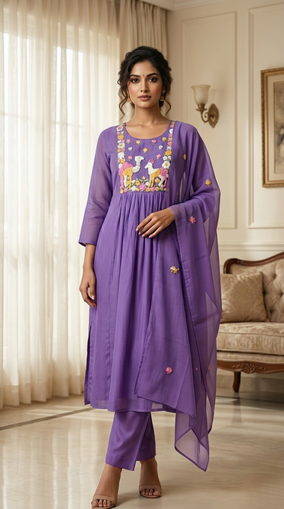 Royal Lavender Embroidered Anarkali Suit Set with Dupatta