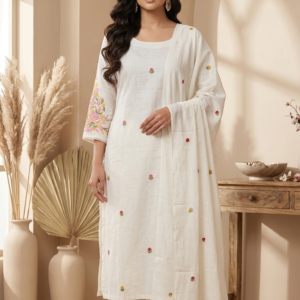 Ivory Floral Embroidered Straight Suit Set with Dupatta